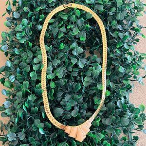 Napier Vintage Gold-Tone Herringbone Necklace Soft Pink Pearlized Enamel Inlay